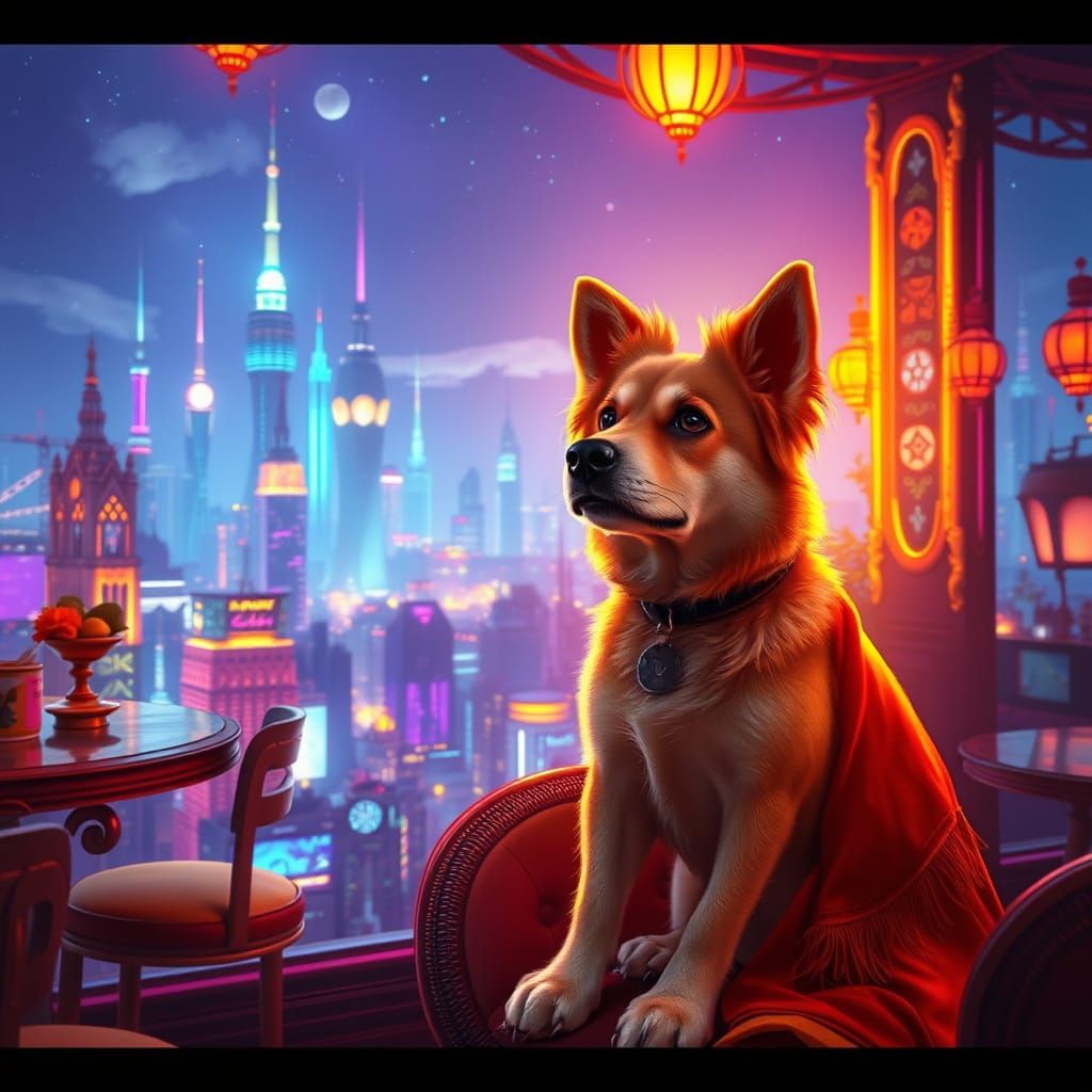Regal Canine in Neon Cafe Amidst Glowing Cityscape