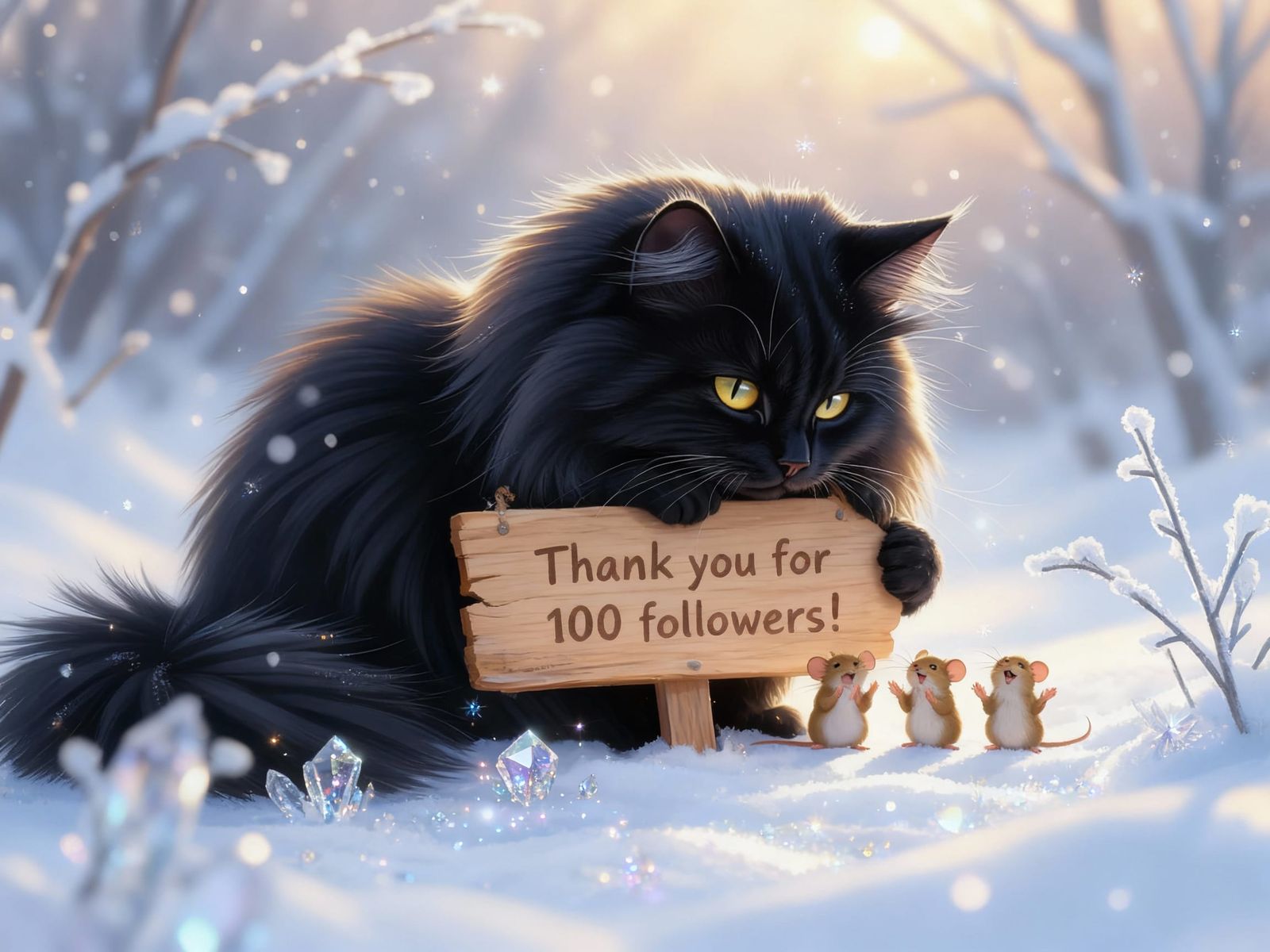 Majestic Black Cat Shields Mice in Snowy Dreamscape