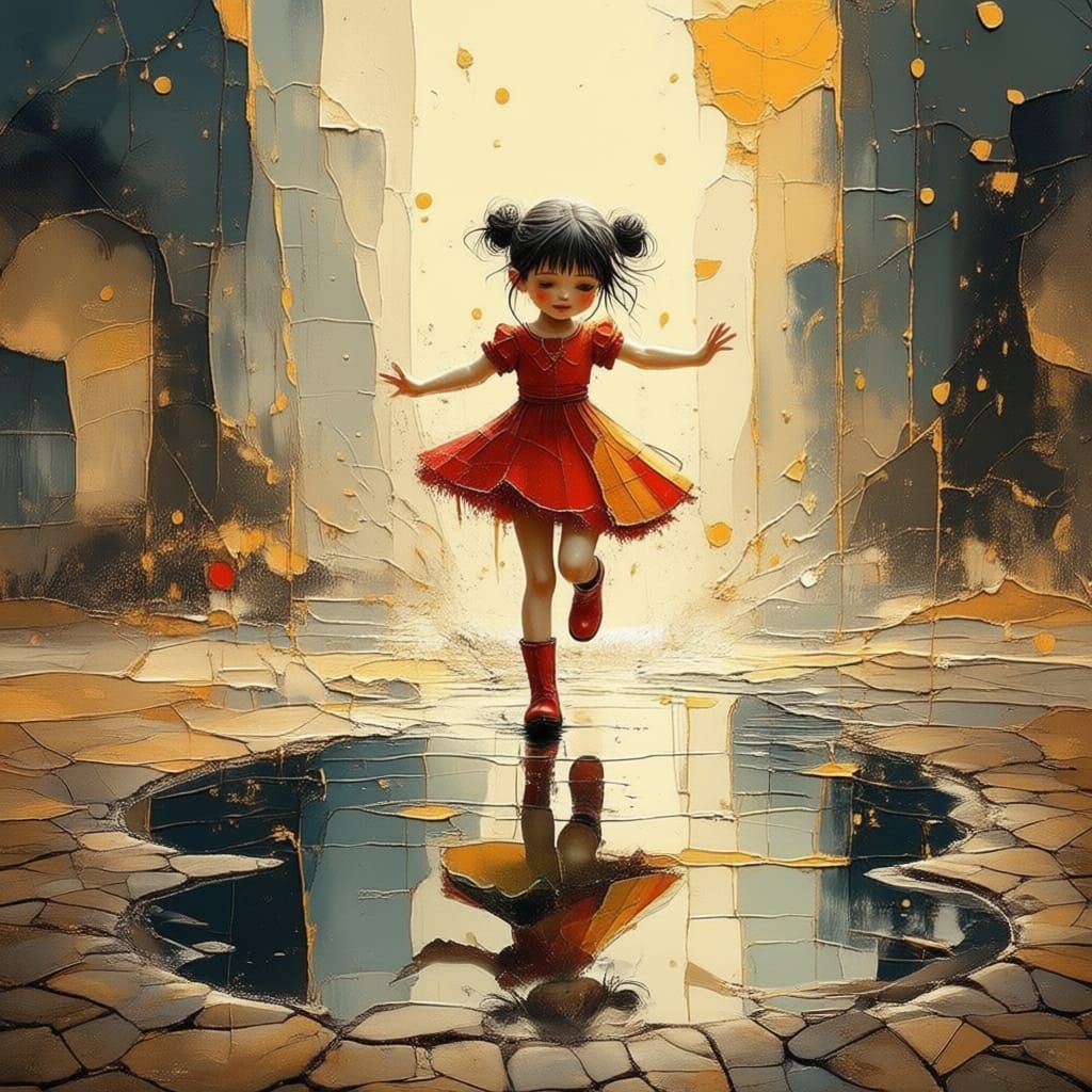 Child's Puddles Reflect Other Worlds