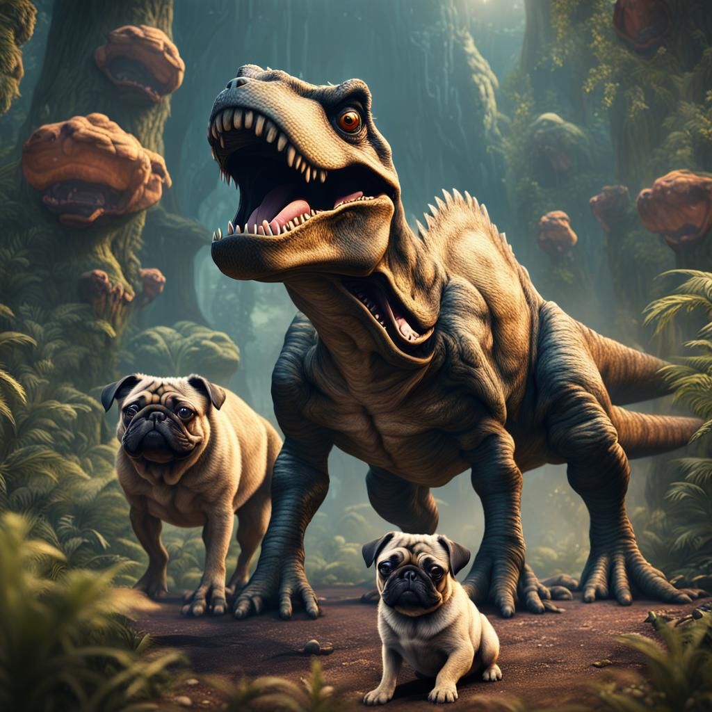 T-Rex Protecting Pugs: Detailed Fantasy Art