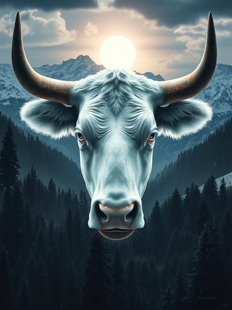 Majestic Bull Head in Eerie Atmospheric Landscape