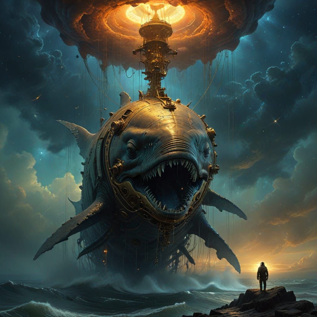 Astronaut and Clockwork Whale in Baroque Digital Art