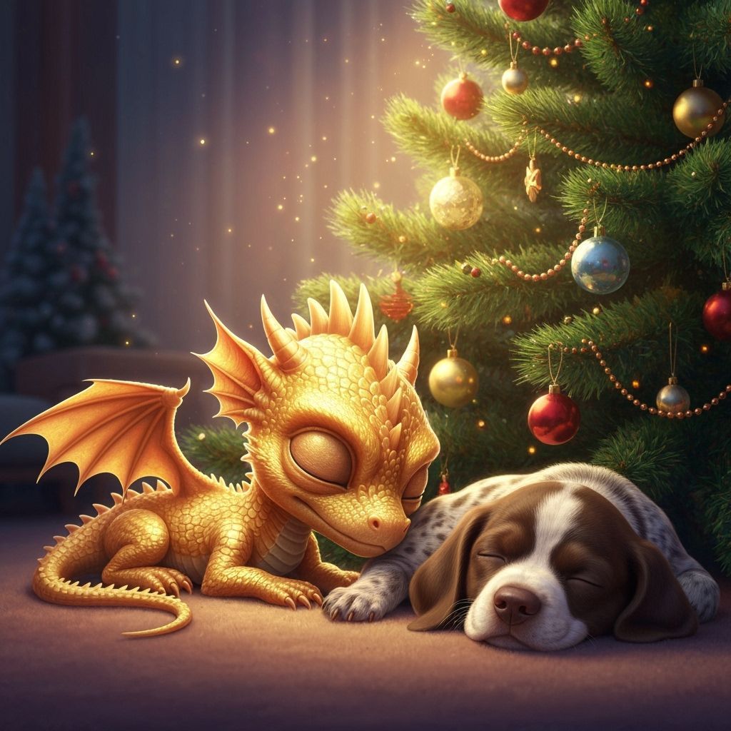 Baby Gold Dragon and Puppy Sleep Near Christmas Tree