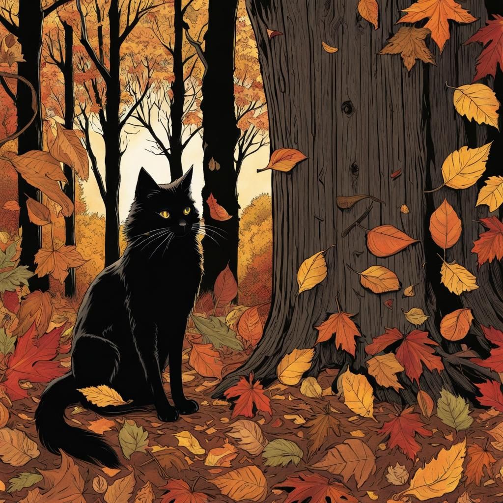 Cozy Autumn Cabin with Black Cat in Graphic Novel Style