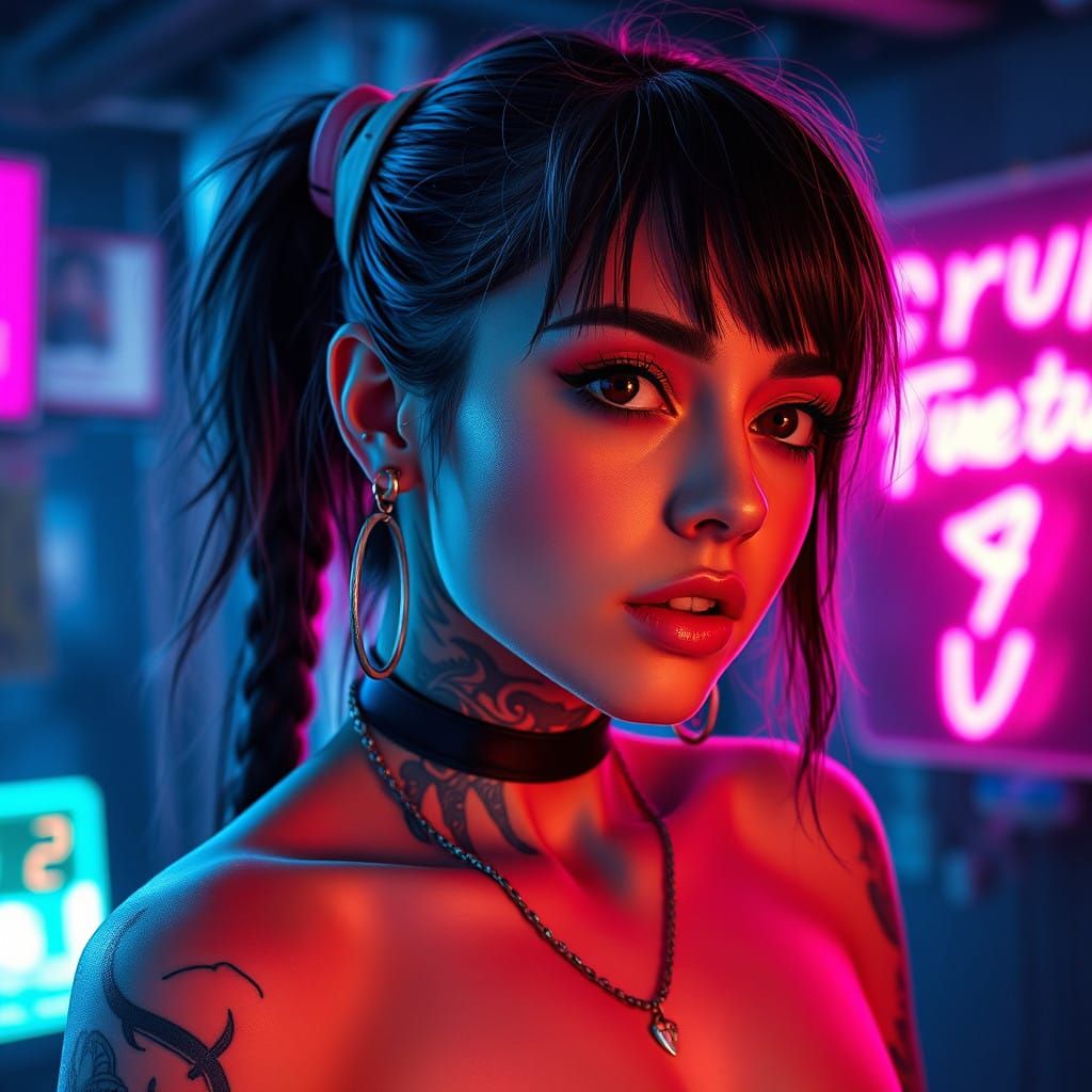 Cyberpunk Girl Tattooed with Neon Piercings
