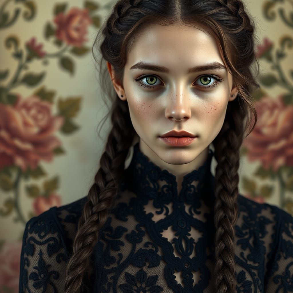 Elegant Young Woman in Vintage Lace Gown