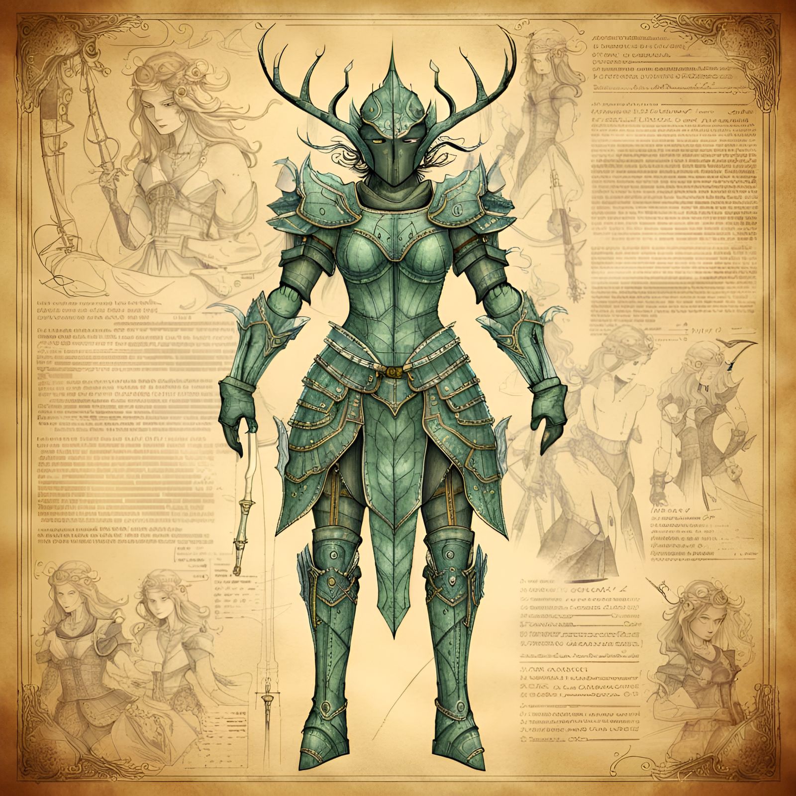 Dryad Fantasy Armor Blueprint Sketch with Inscriptions