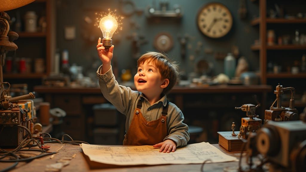 Child Inventor's Eureka Moment in a Workshop