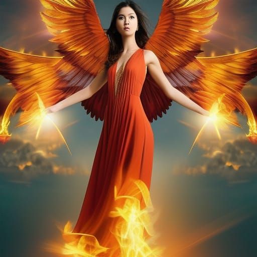 Fiery Angel with Phoenix Wings Digital Painting