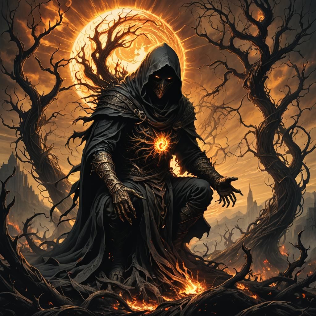 Eerie Hooded Figure in Burning Gothic Landscape