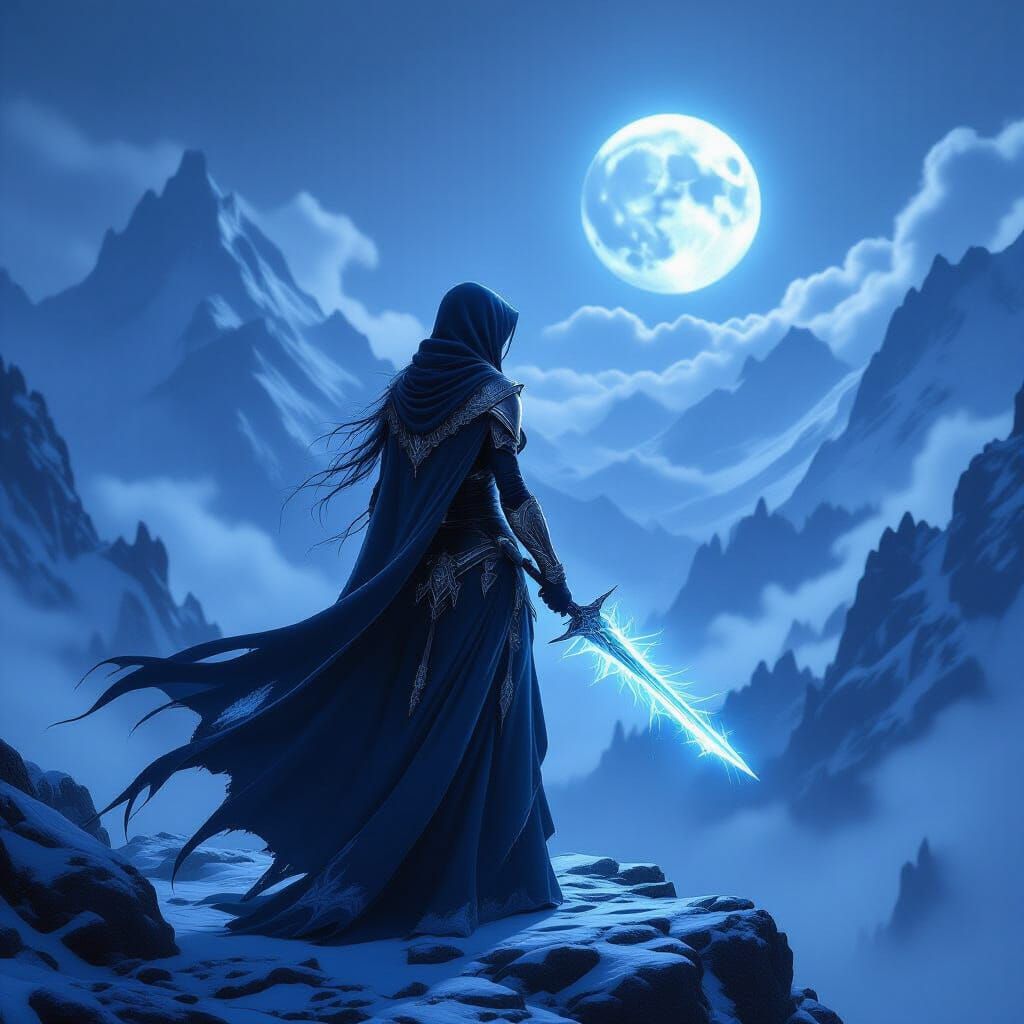 Elf Assassin Wielding Ice Magic on Mountain Peak