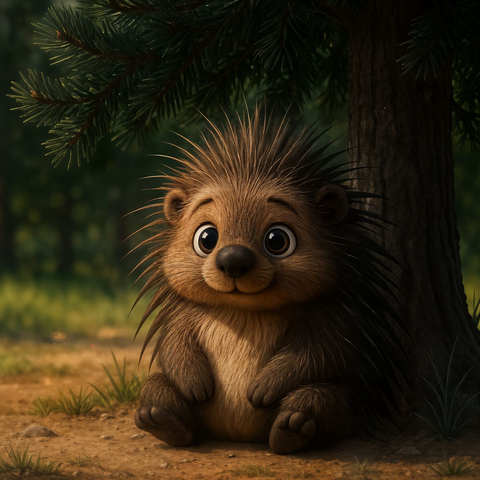 CGI Cartoon Porcupine Under Pine Tree