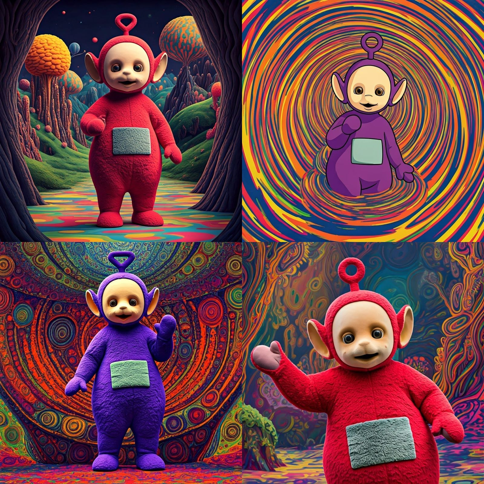 Psychedelic Teletubby Vortex in 60s' Artistic Chaos