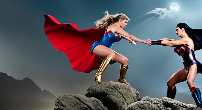 Wonder Woman vs Supergirl in 1950s Sci-Fi Style