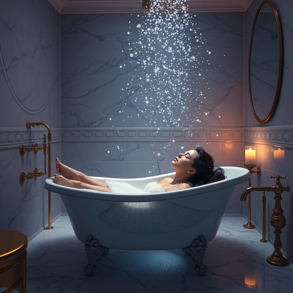 Serene Woman Relaxing in a Snowy Luxury Bathroom