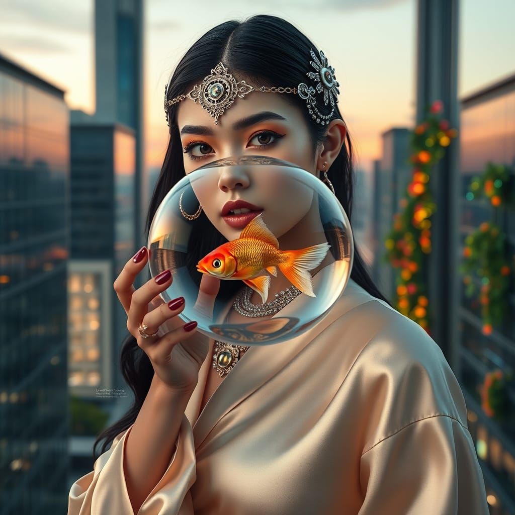 Steampunk Fashion Portrait: Woman with Goldfish and Cityscap...