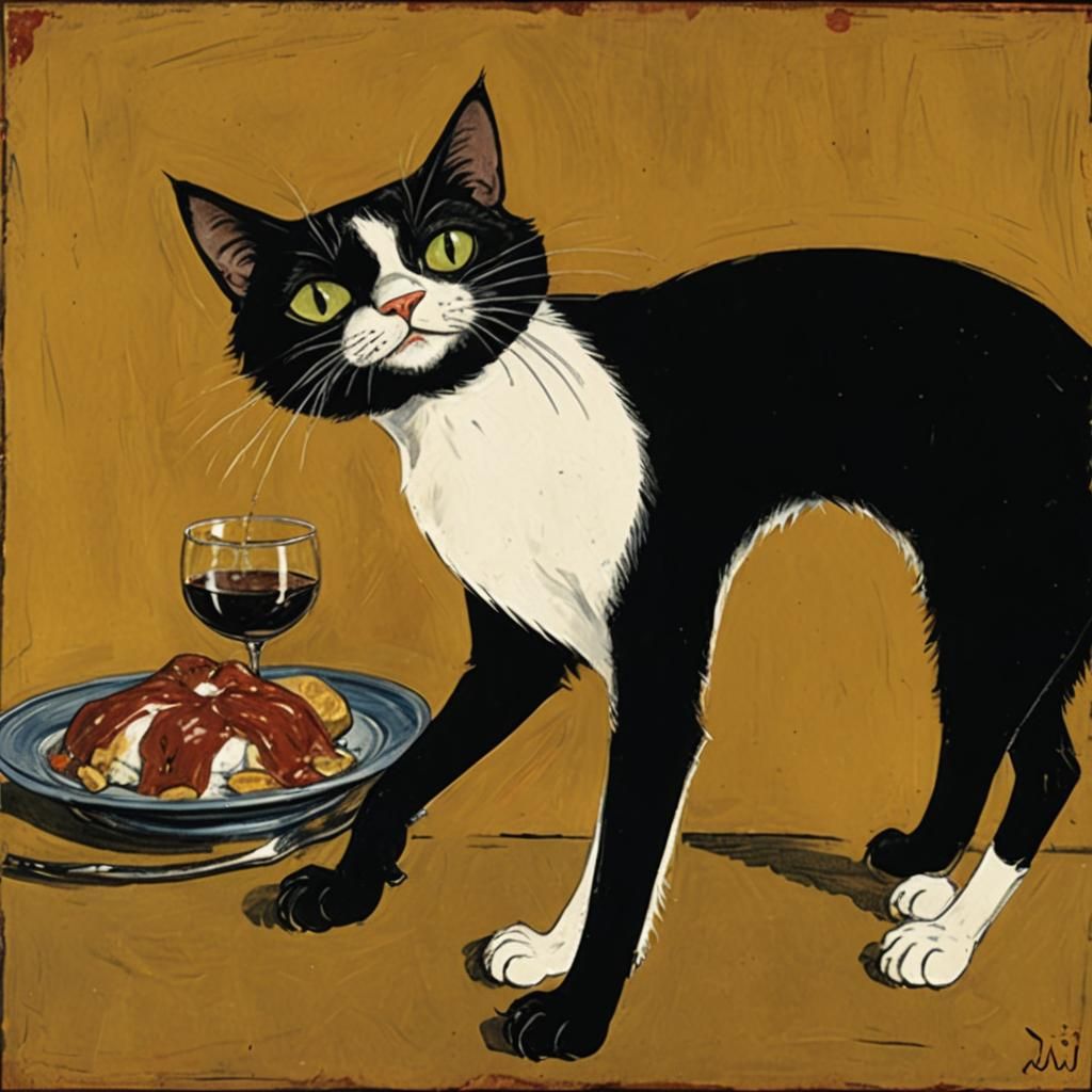 Tuxedo Cat Yearns for Food in Expressionist Cartoon