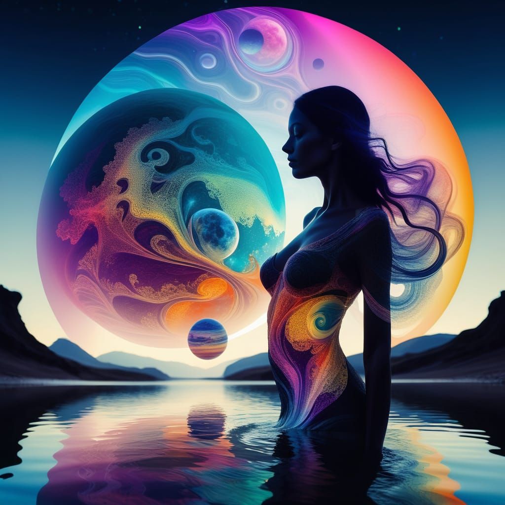 Surreal Double Exposure: Woman Silhouette with Alien Planet