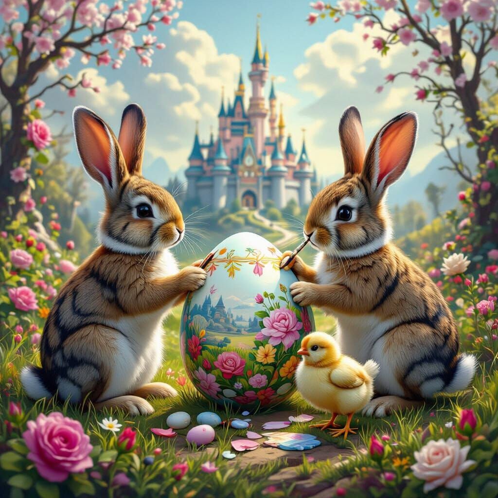 Rabbits Painting Easter Egg in Fairytale Landscape