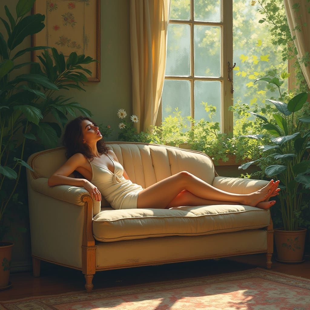 Serene Woman Lounging: Impressionist Digital Art