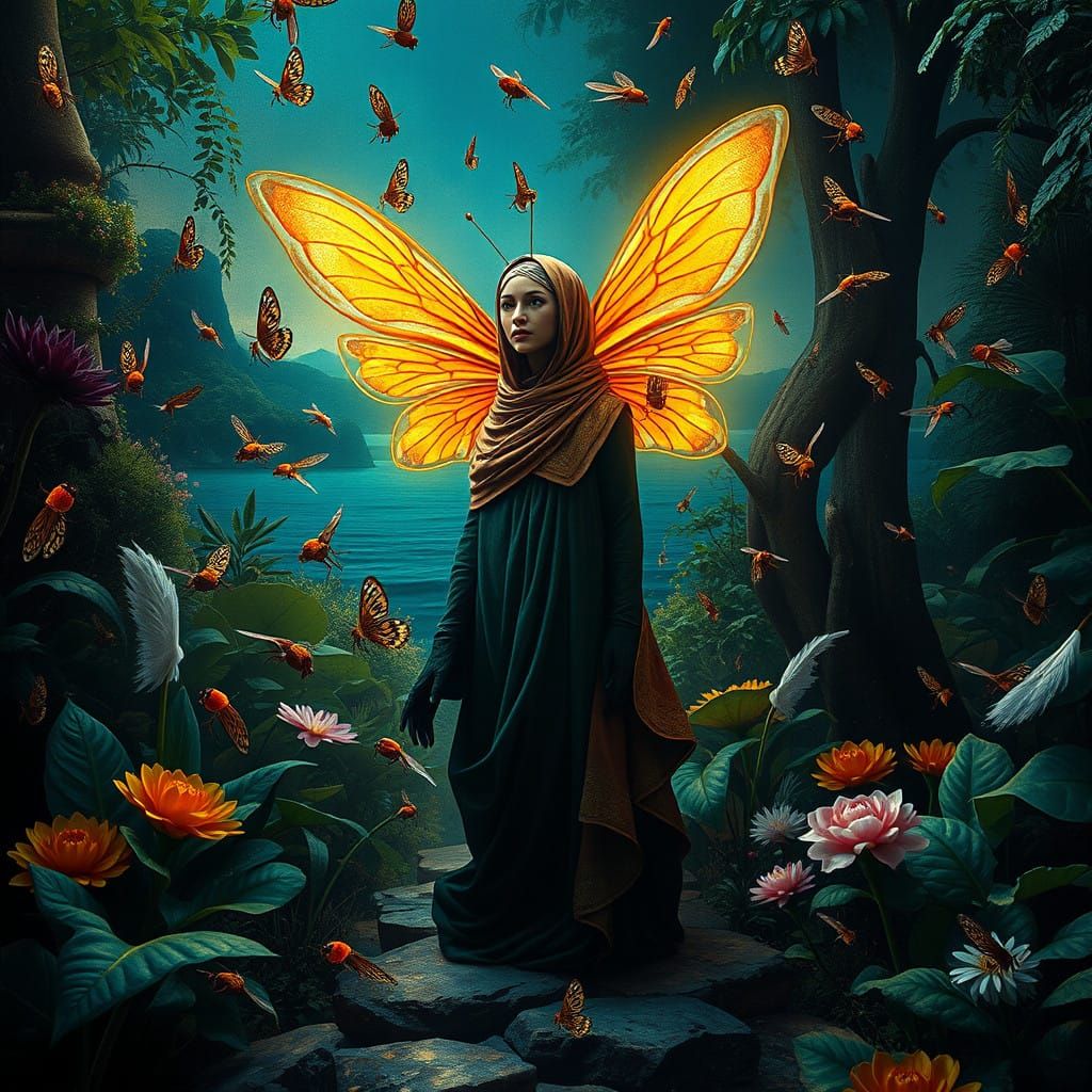 Anthropomorphic Firefly in a Vibrant, Surreal Garden