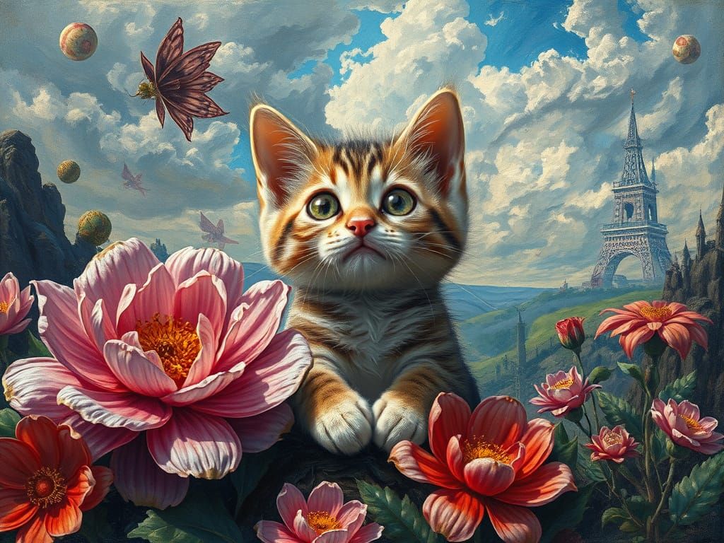 Shy Kitty in Surreal Landscape Oil Painting
