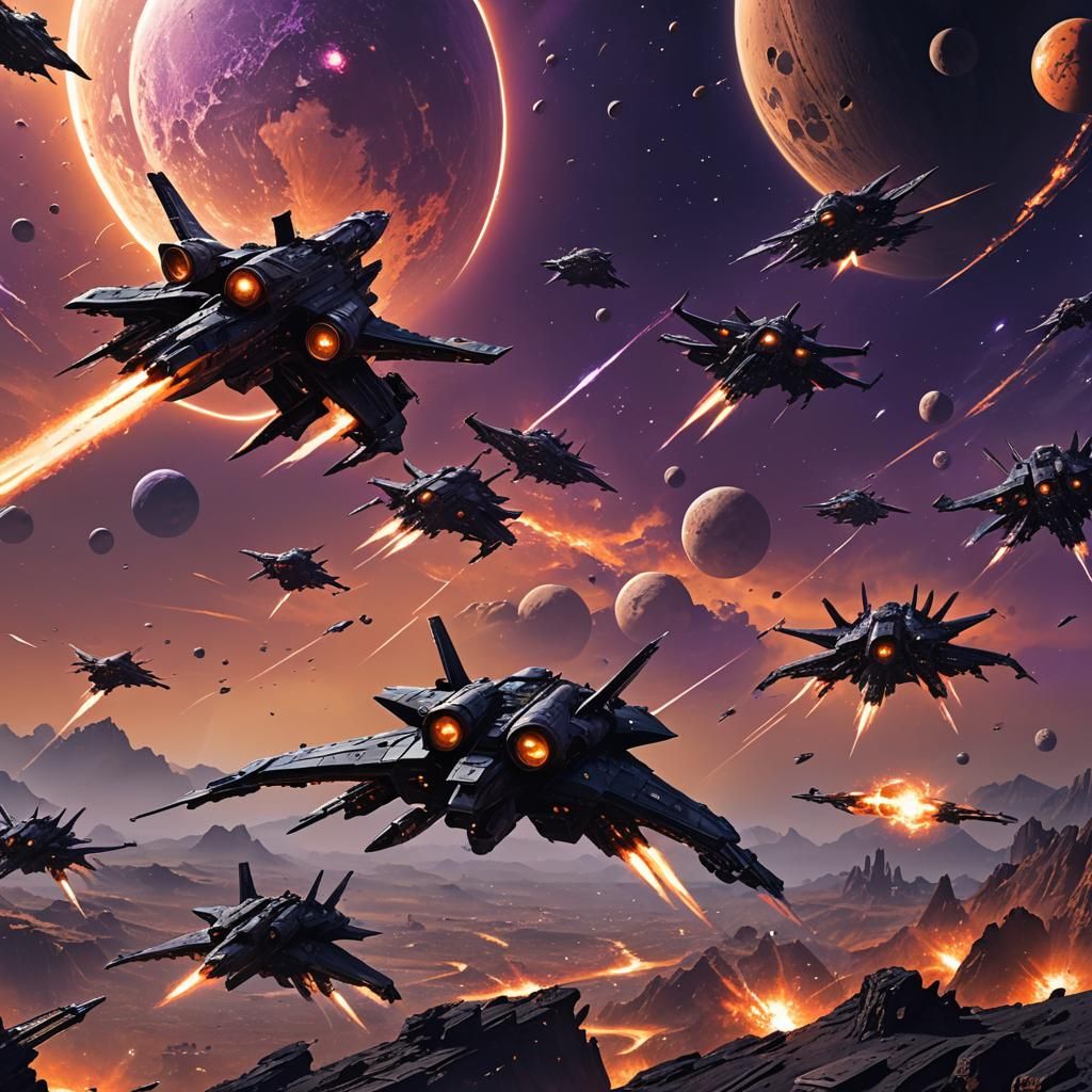 Spaceships Dodge Fire Above Planet with Three Moons