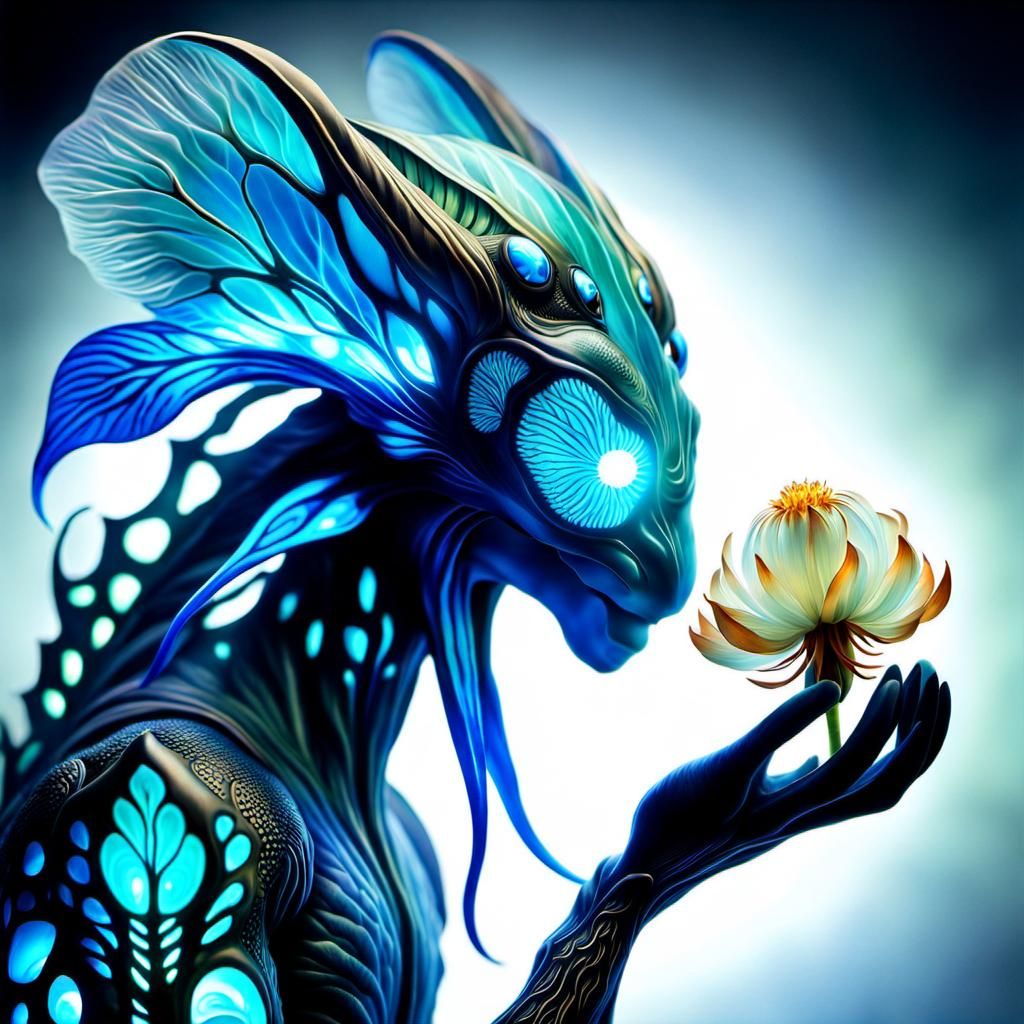 Bioluminescent Flower Held by Zoomorphic Creature: Fantasy C...