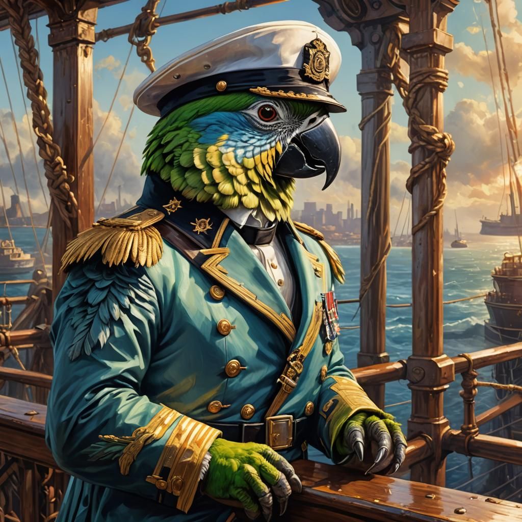 Parrot as Titanic Captain in Detailed Oil Painting