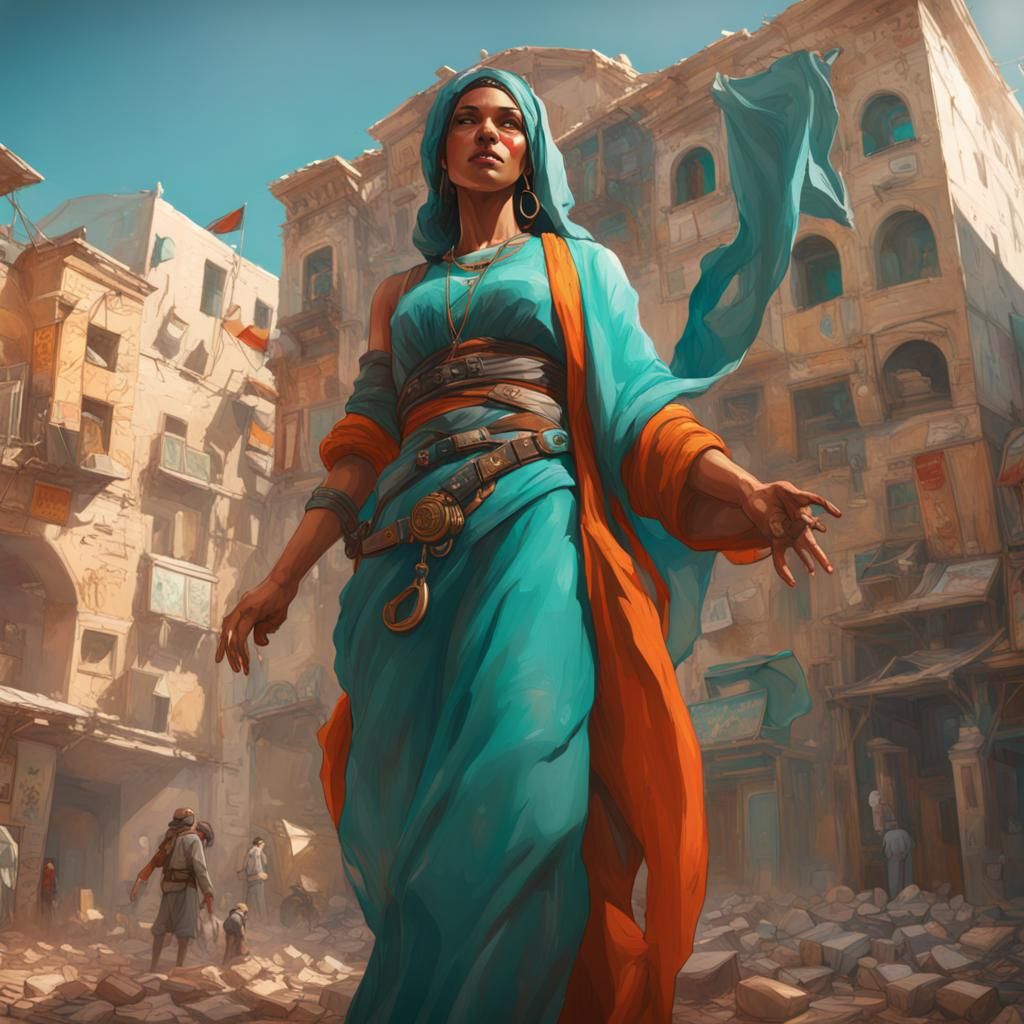 Detailed Concept Art for "Free Palestine" in Orange and Teal