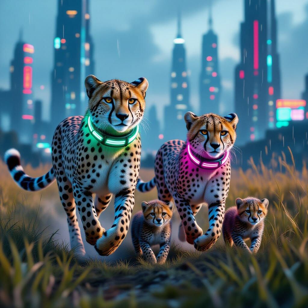 Cheetah Family in Futuristic Cyberpunk Cityscape