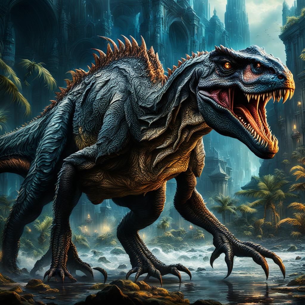 Detailed Indoraptor Matte Painting in Deep Color