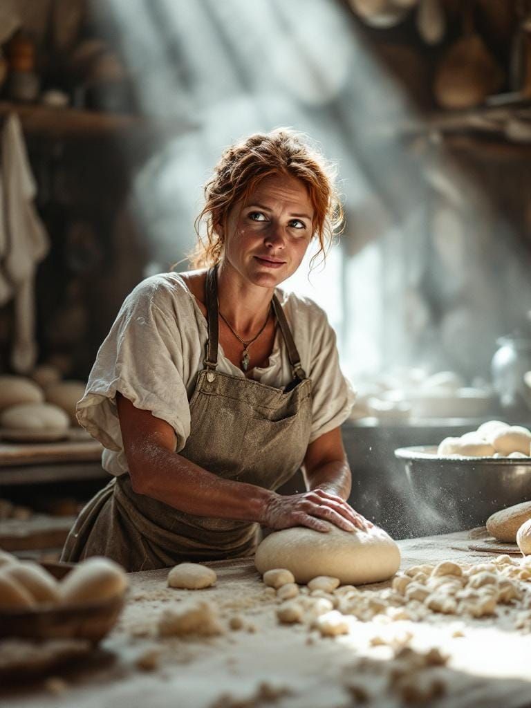Redhead Baker Kneading Dough in Documentary Style