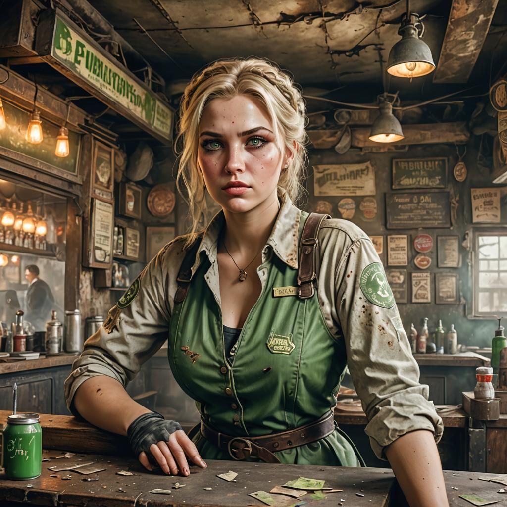 Post-Apocalyptic Waitress in Fallout Bar, Airbrush Style