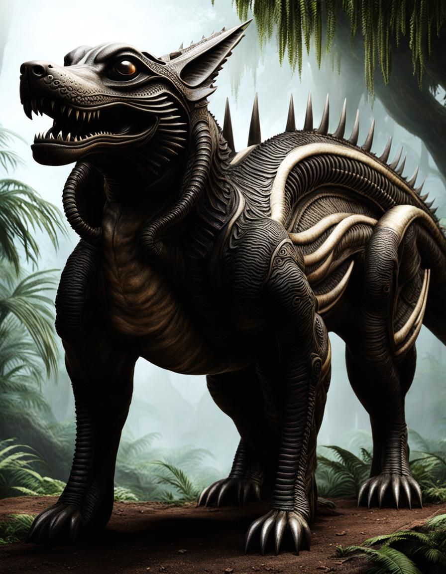 Ancient Scaled Dog Creature in Giger Style