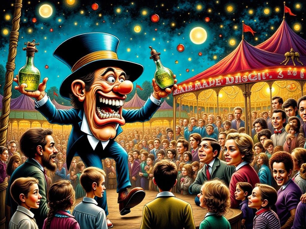 Carnival Conman Sells Snake Oil Under Dramatic Nighttime Lig...