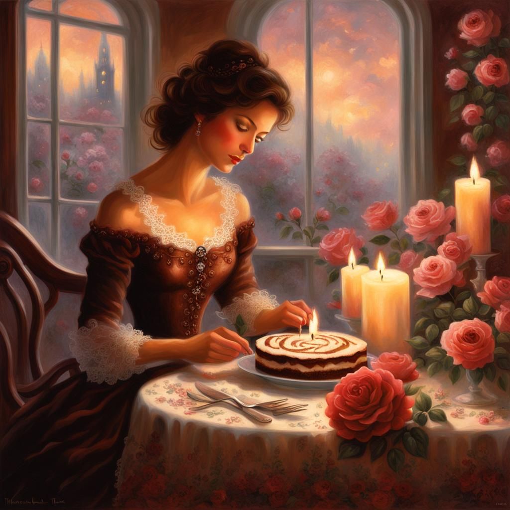 Ethereal Woman Silhouette with Tiramisu, Kinkade Style