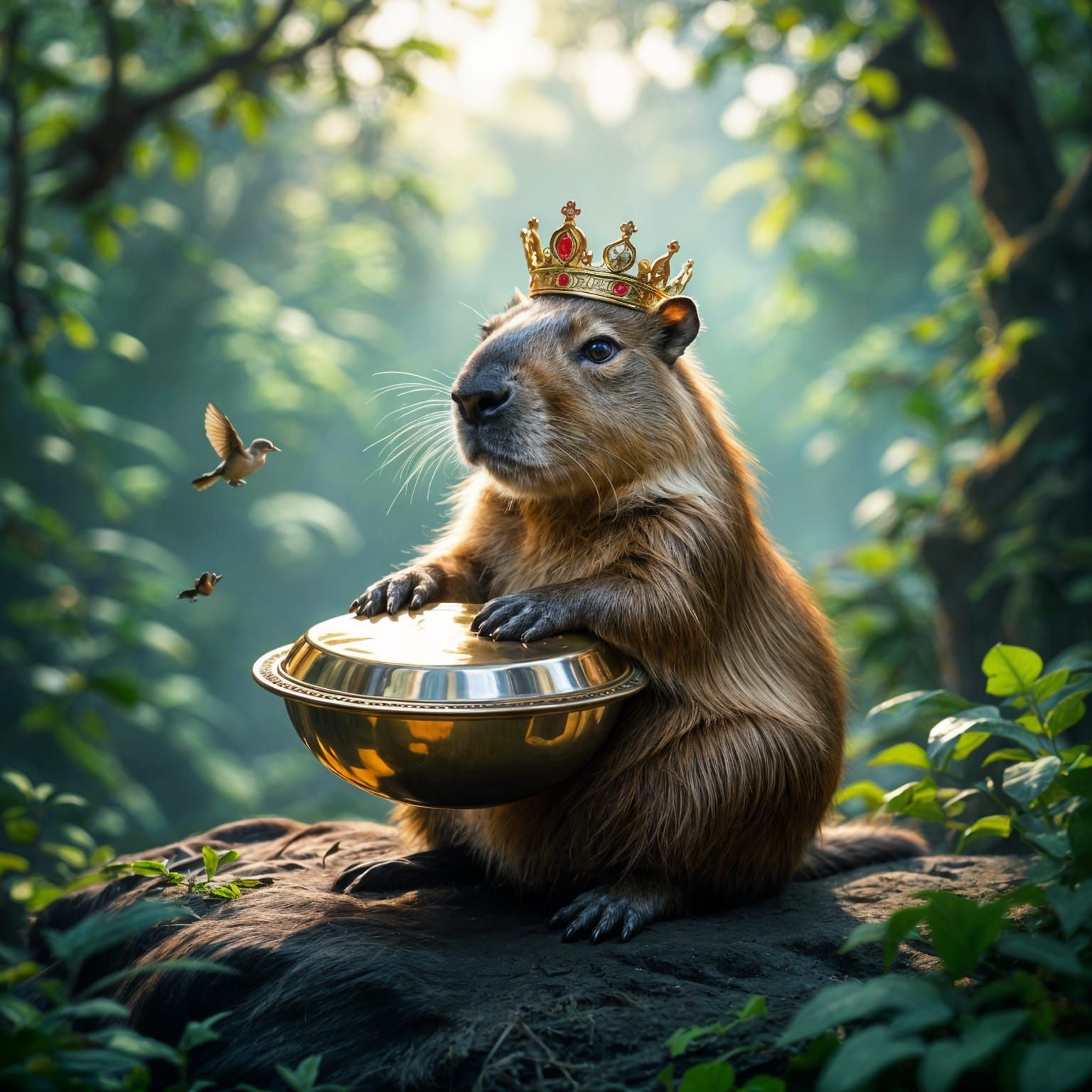 Capybara King Plays Handpan in Mystical Amazon Morning Light