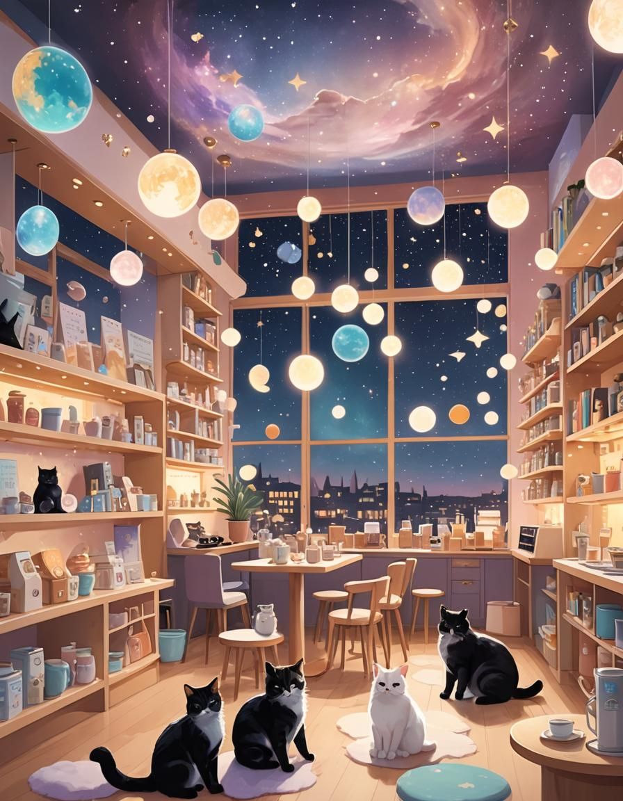 Cozy Cat Café Floating in Starry Sky