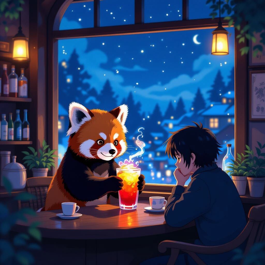 Red Panda Bartender Serves Glowing Drink to Kirin in Mystica...