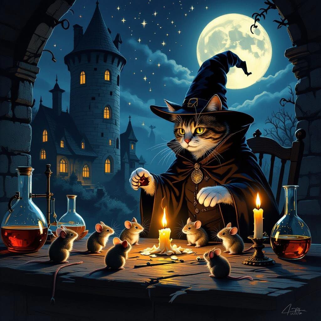 Magical Cat Conjures for Mice in Moonlit Tower