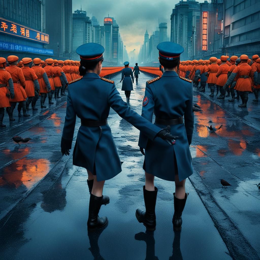 North Korean Soldiers in a Mystical Cityscape