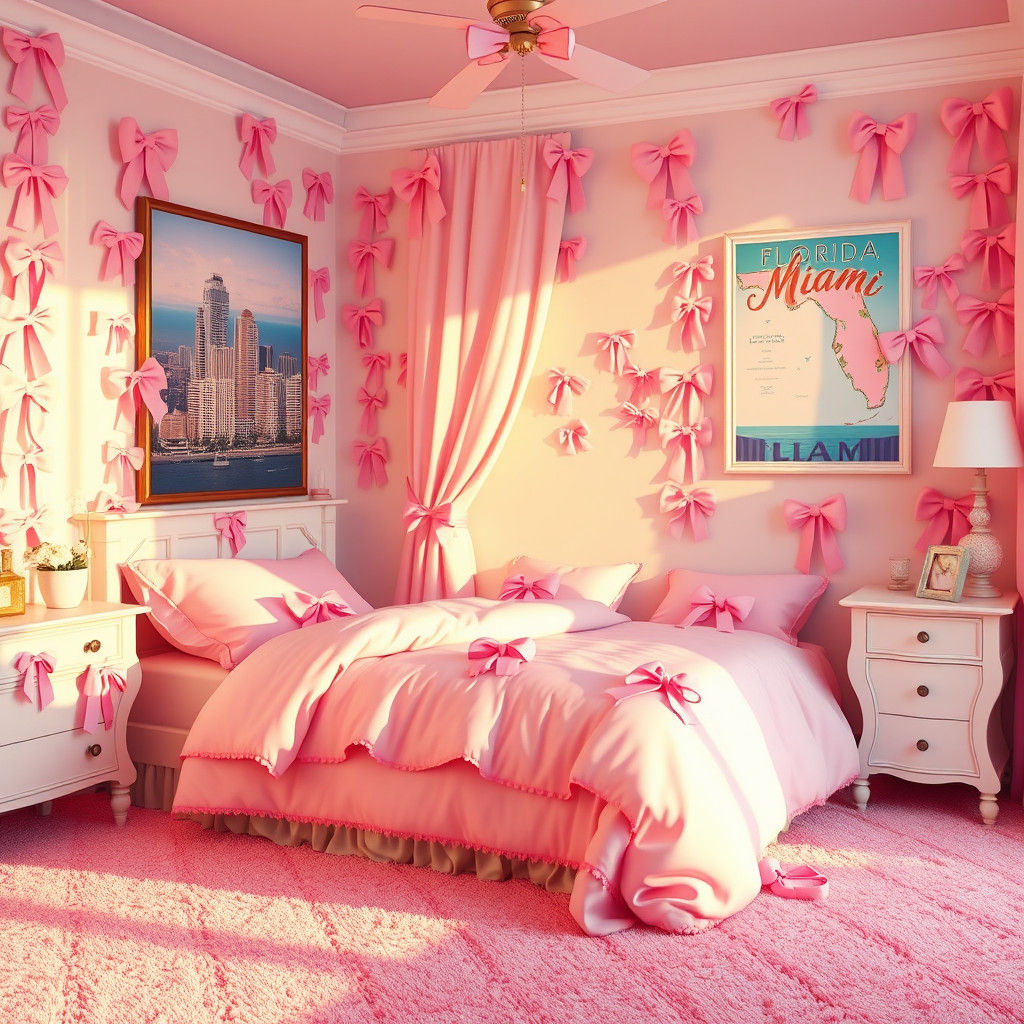 Dreamy Pink Bedroom with Miami and Florida Posters