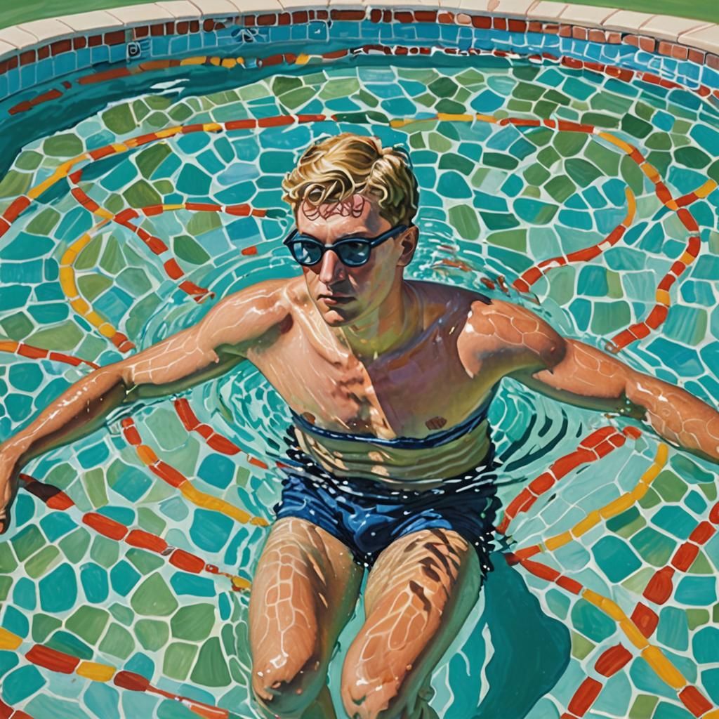 Man Swimming in Pool, Hockney-Inspired Acrylic Painting