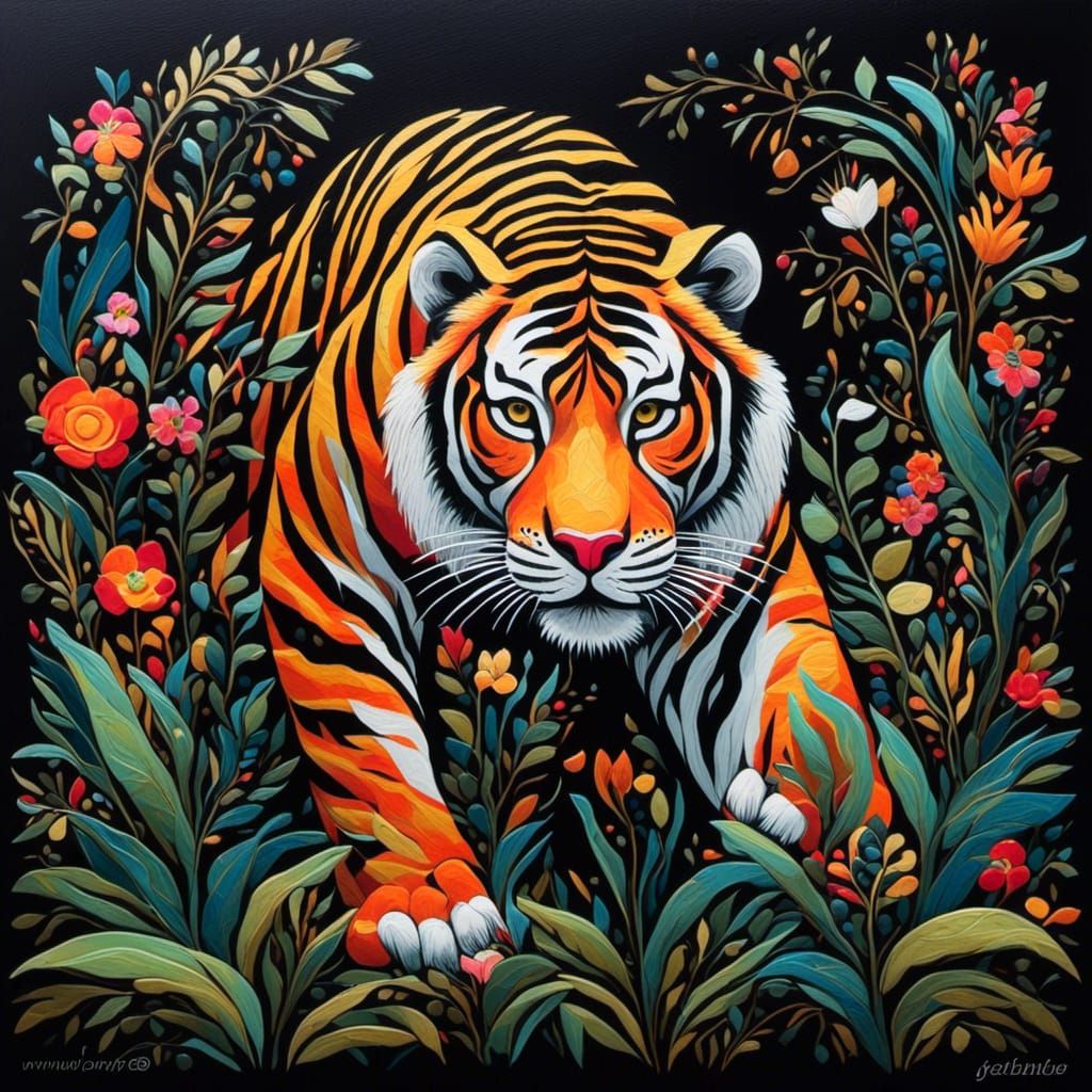 Minimalist Tiger in Jungle: Flat Art Style