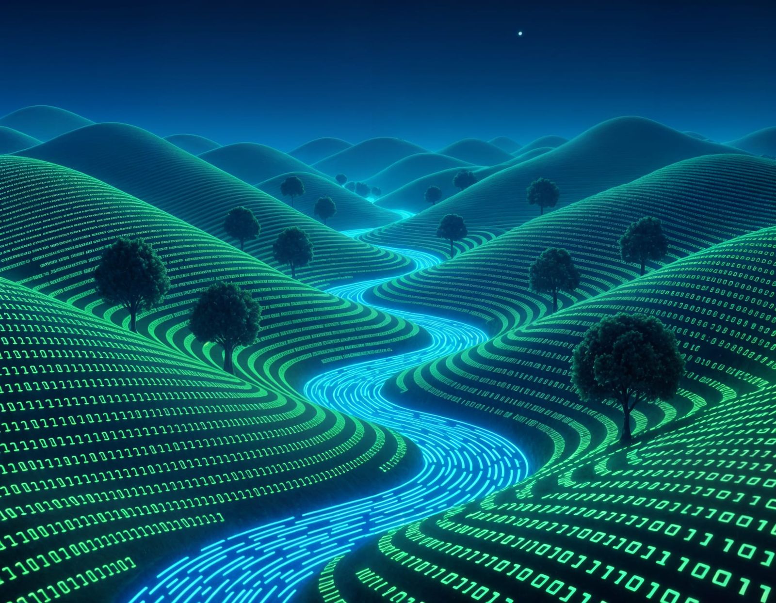 Rural Landscape Formed From Glowing Binary Code