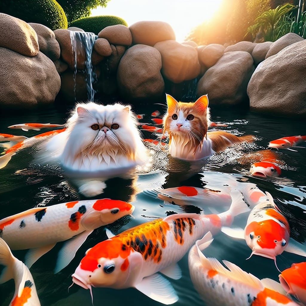 Cats Swimming with Koi Fish in a Pond