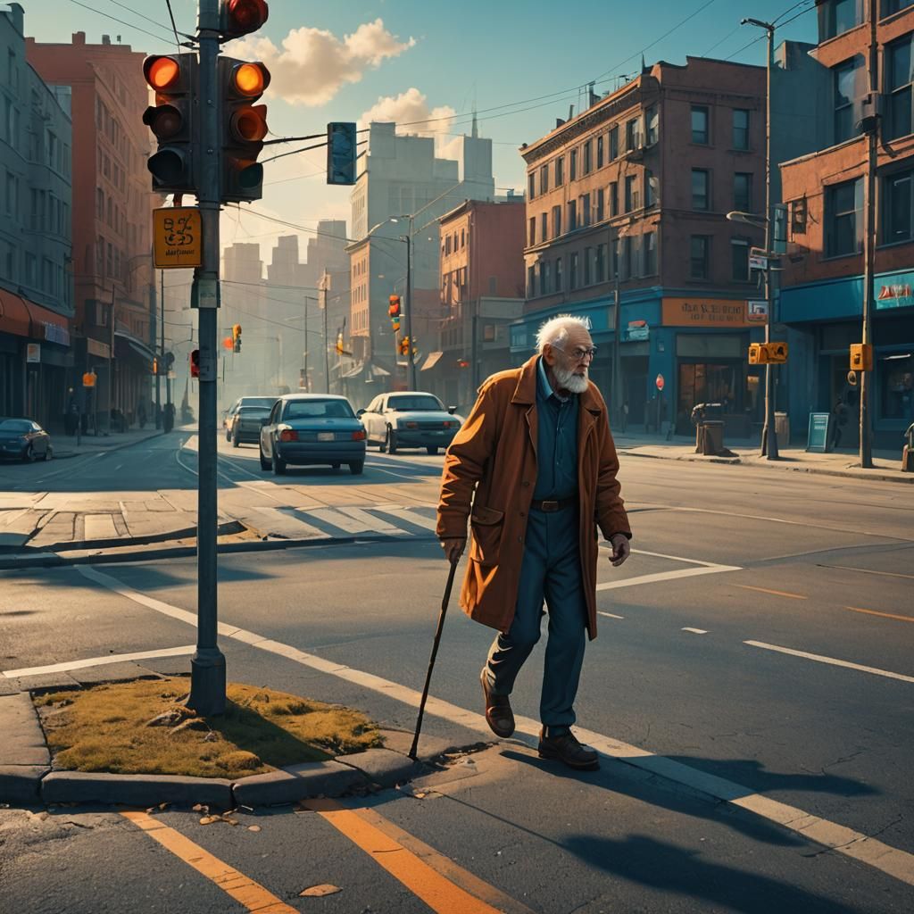 Old Man Crossing Street in Sci-Fi Digital Art