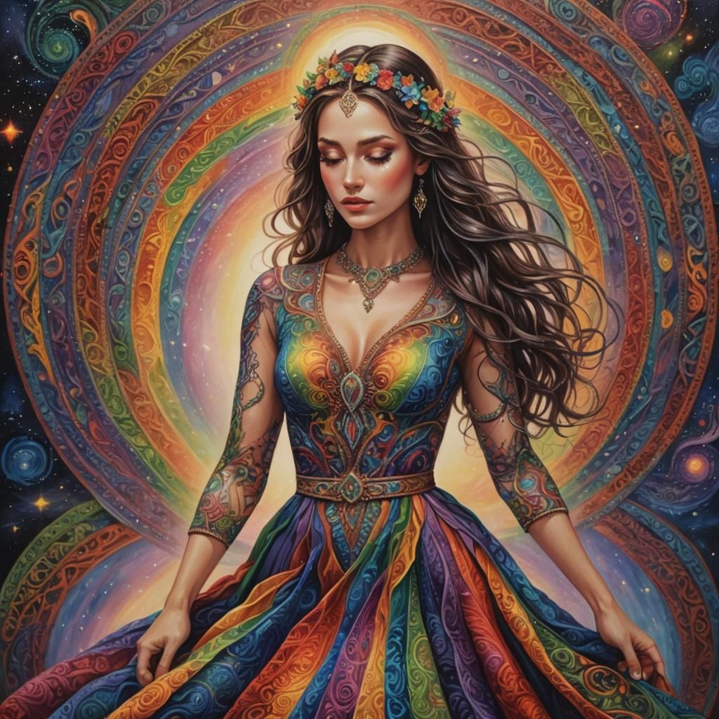Beautiful Woman in Rainbow Dress: Folk Art Style