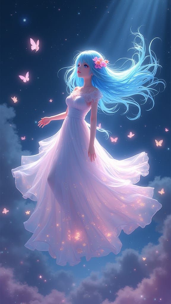 Anime Girl in Celestial Dreamscape with Iridescent Light Tra...